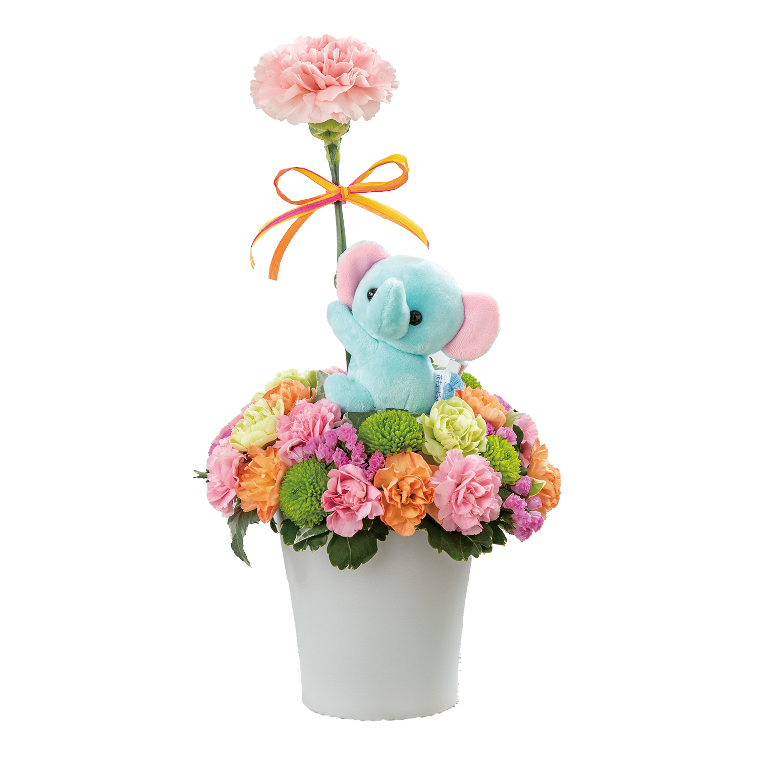 花キューピットで届ける 空色ぞうさんのマスコット付きアレンジメント 商品№521370