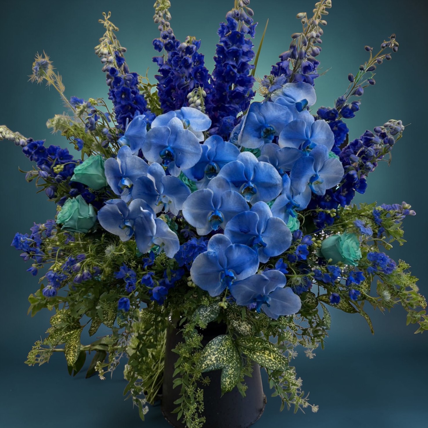 御祝アレンジメント　ブルーエレガンス御祝アレンジメント（胡蝶蘭入り・特注制作）